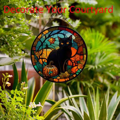 Black Cat Pattern Suncatcher Stained Glass,Hanging Stained Glass for Windows for Cat