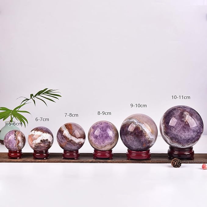 JIC Gem Natural Amethyst Agate Crystal Sphere with Wooden Stand Amethyst Decorative Crystal