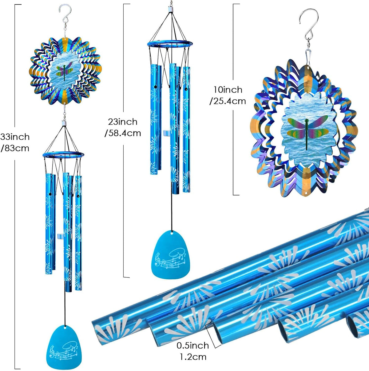 33" Memorial Wind Chimes Outdoor | Deep Tone with Animated Dragonfly Spinner, Rustproof Garden