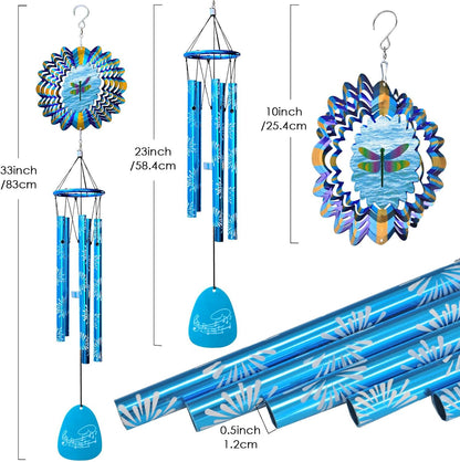 33" Memorial Wind Chimes Outdoor | Deep Tone with Animated Dragonfly Spinner, Rustproof Garden