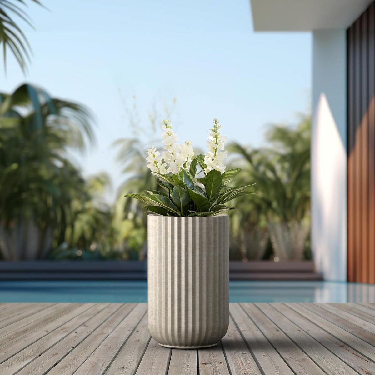 Kante Tall Fulted Planter, 17.7 Inch Tall Round Concrete Plant Pots with Drainage Hole and Rubber