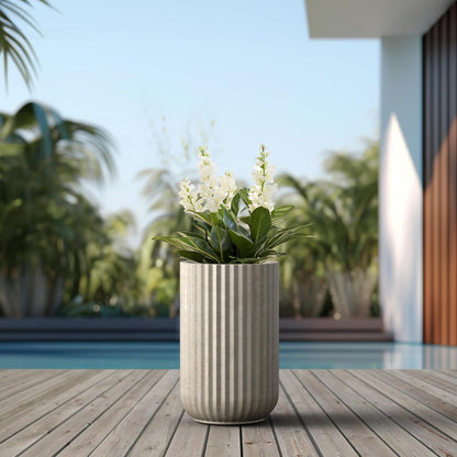 Kante Tall Fulted Planter, 17.7 Inch Tall Round Concrete Plant Pots with Drainage Hole and Rubber