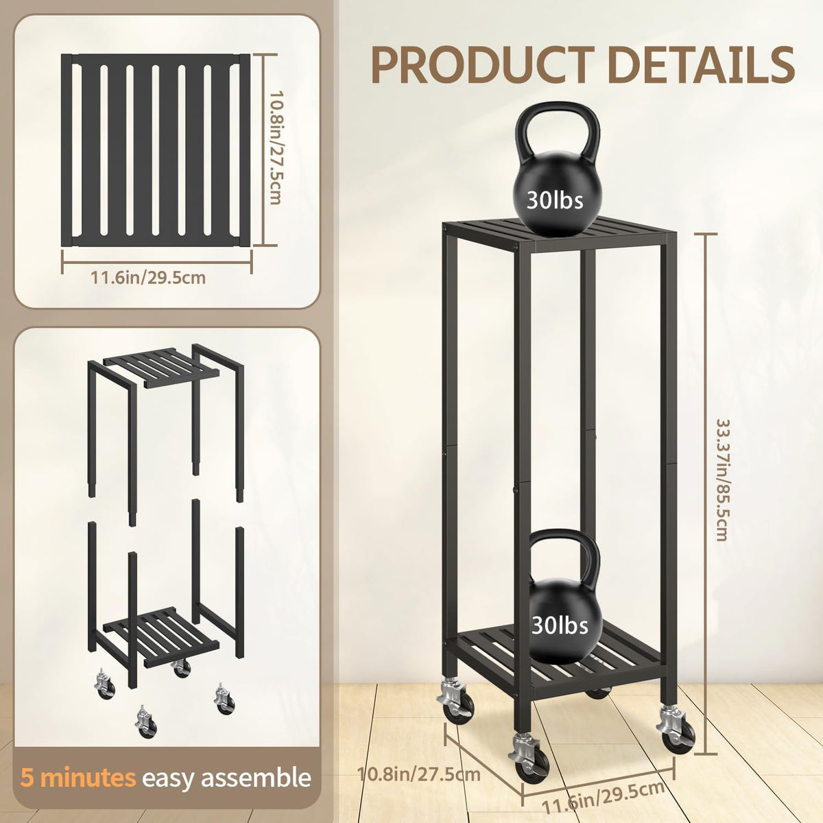 LASZOLA 2 Tier Black Metal Plant Stand Indoor Outdoor with Wheel for Large Planter, Modern Heavy