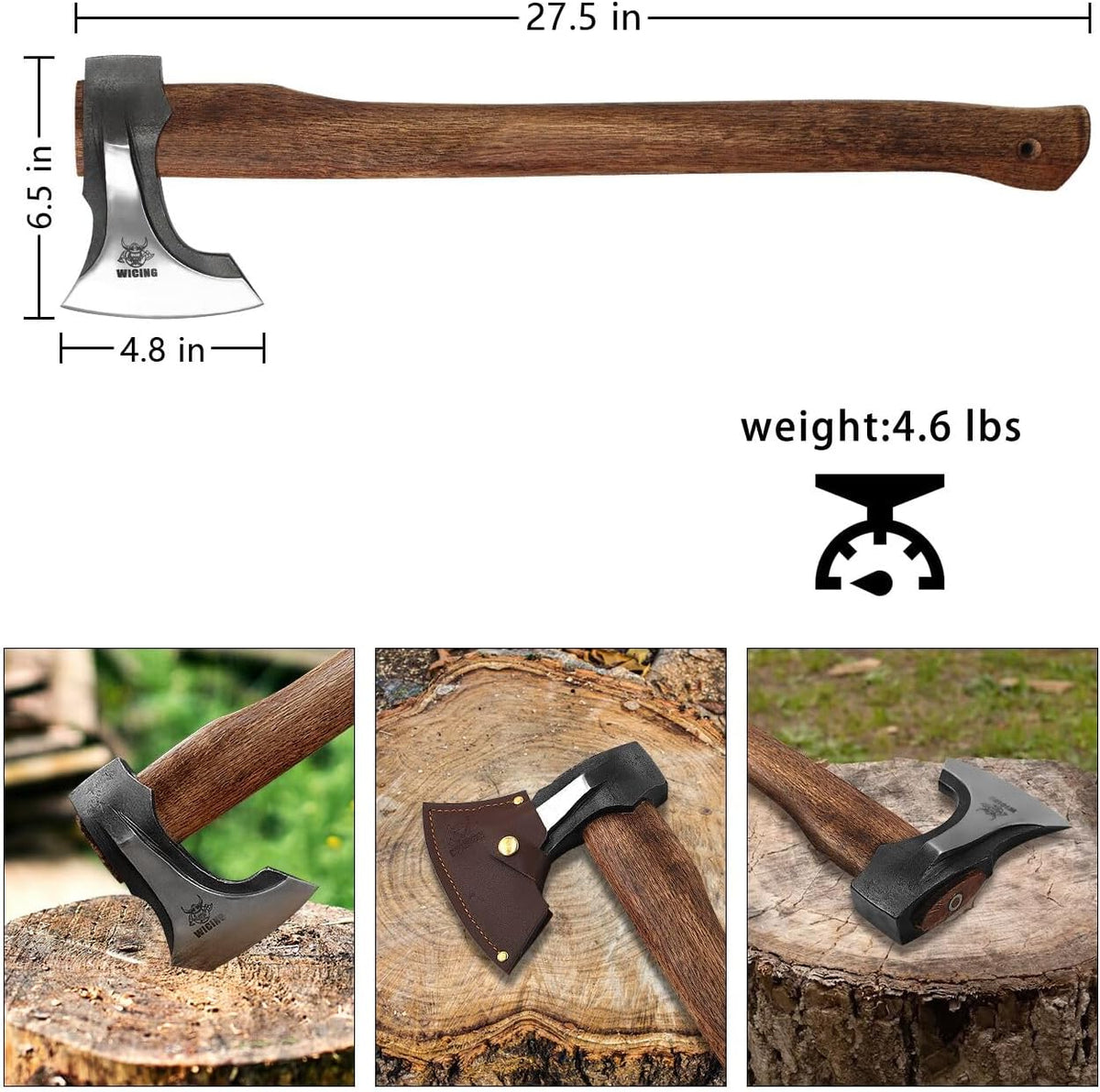 Splitting Axe, 27.5-inch Chopping Axe with Leather Sheath, Camping Hatchet 1065 High Manganese