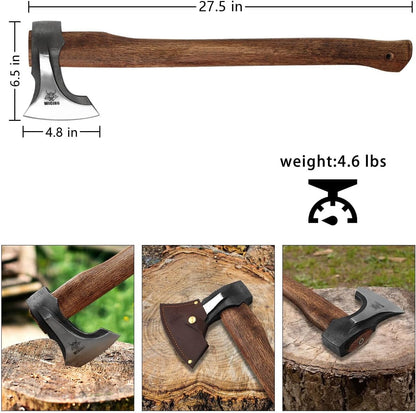 Splitting Axe, 27.5-inch Chopping Axe with Leather Sheath, Camping Hatchet 1065 High Manganese
