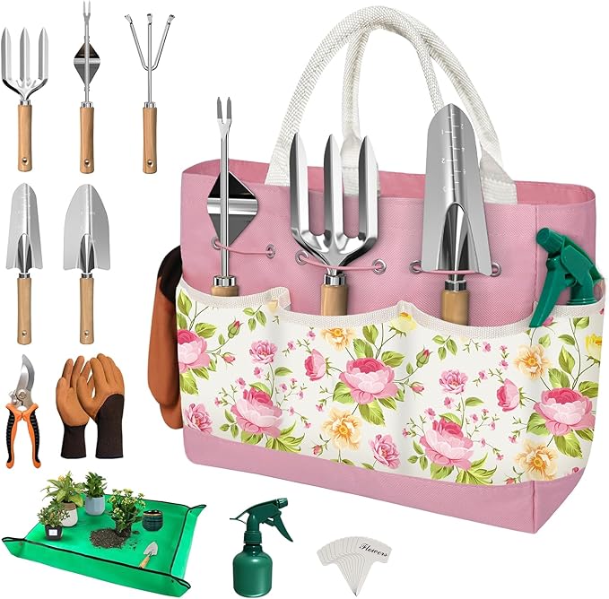 22PCS Garden Tools Set for Women,Heavy Duty Hand Tool Kit Included Handy Tote Bag/Trowel/Repotting