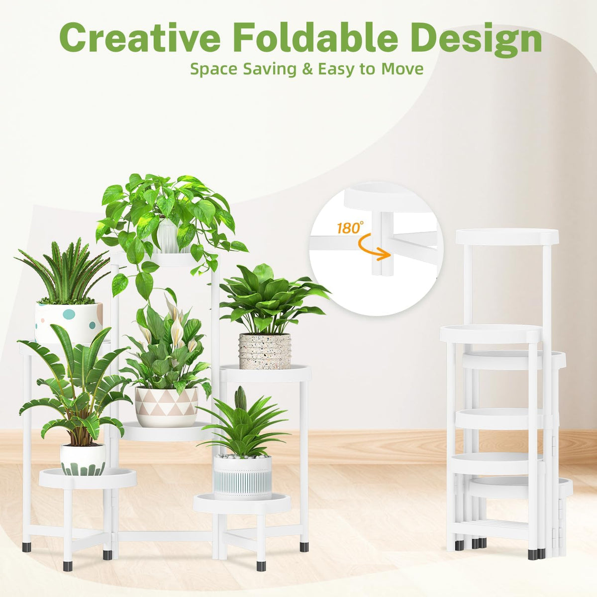 iDavosic.ly 6 Tier Folding Plant Stand Indoor Outdoor with Plastic Tray, Tiered Corner Flower