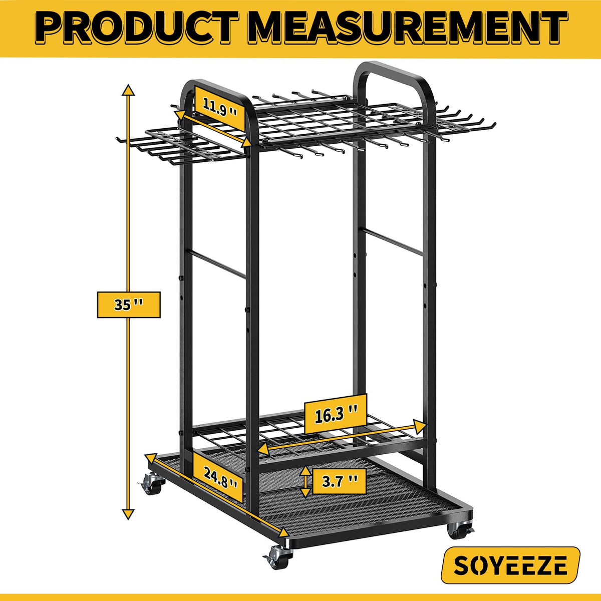 SOYEEZE Garden Tool Organizer with Lockable Wheels, Heavy Duty 3-Tier Yard Tower Tool Rack for