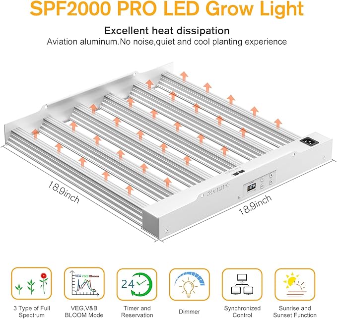 2024 New SPF2000 PRO 200W LED Grow Light 3x3ft Coverage with Veg & Bloom Dimmer Timer Full Spectrum
