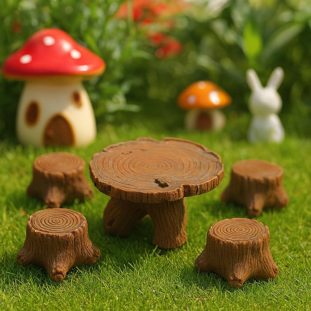 Miniature Tree Stump Garden Furniture Set, Brown Resin, Fairy Garden Decor, Indoor Outdoor