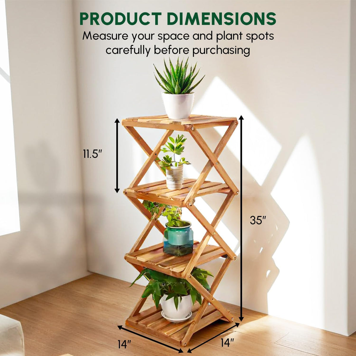 BEEFURNI Acacia Plant Stand Indoor Corner, Wooden Outdoor 4 Tier Corner Planter Stand, Foldable