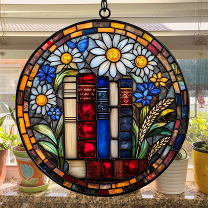 Floral Stack of Bookks Acrylic Suncatcher Stained Glass Effect Window Car Hanging Christmas