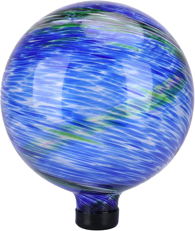 VCUTEKA Glass Outdoor Gazing Globe, Blue and Green Hand Painted Swirled Sphere for Patio Garden