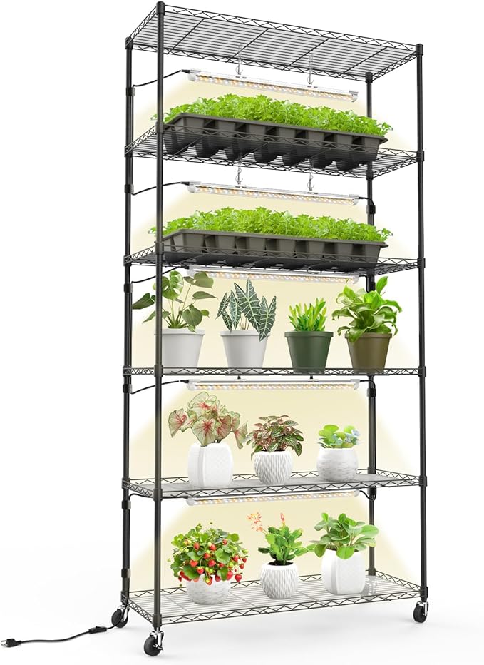 Bstrip Plant Shelf with Grow Light, Metal Plant Stand with Adjustable Rack and Wheels, 5 Pack T8