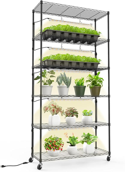 Bstrip Plant Shelf with Grow Light, Metal Plant Stand with Adjustable Rack and Wheels, 5 Pack T8