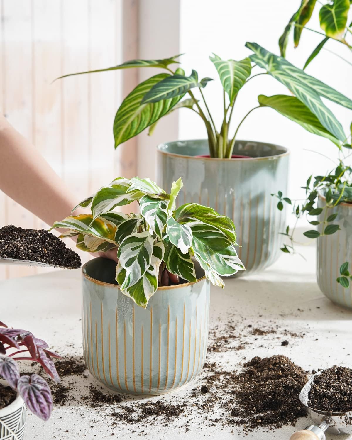 LE TAUCI Fluted Ceramic Planters Set of 3 – 8.3/7 / 5.7 in Blue Gray Reactive Cylinder Indoor Plant