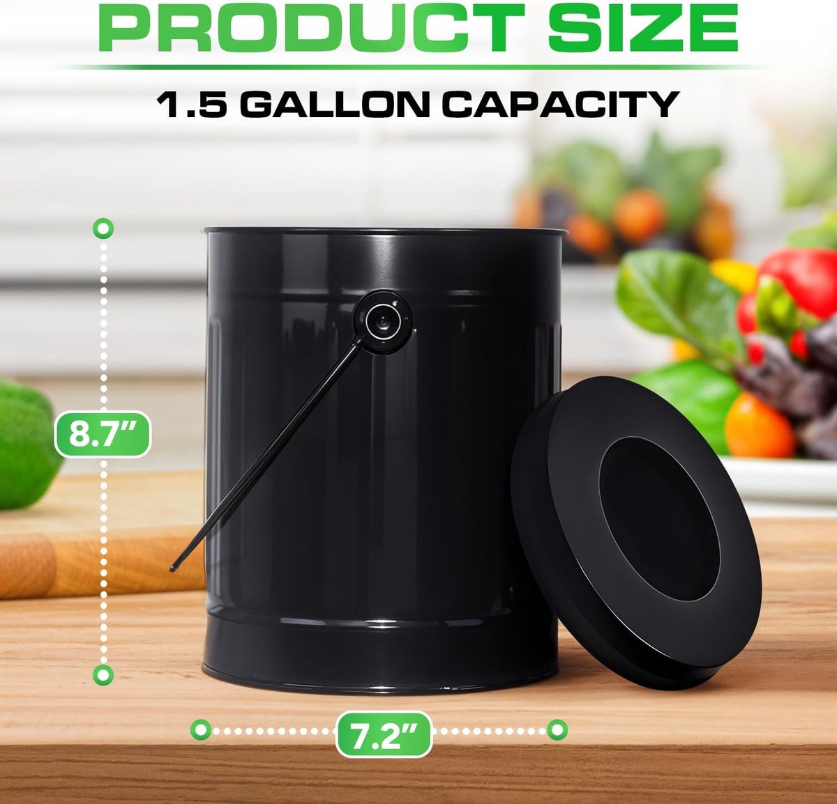 Plexon Countertop Compost Bin Kitchen Indoor with Lid, Black 1.5 Gallon Odorless Kitchen Container