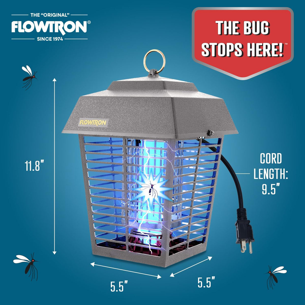 Flowtron Electric Bug Zapper 1/2 Acre Outdoor Insect Control with Dual Lure Method, 15W UV Light &