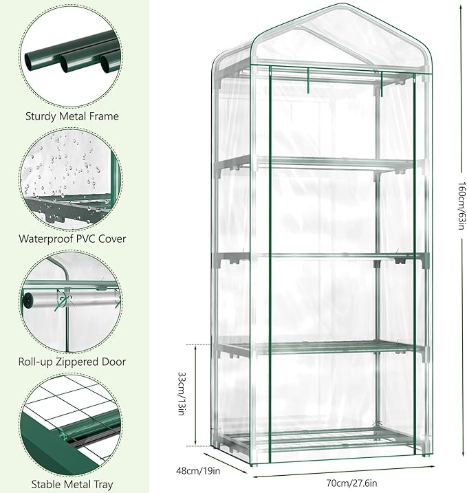 Indoor Greenhouse with Grow Light, 4-Tier 27.6"x19"x63" Mini Greenhouse with Roll-Up Zippered PVC
