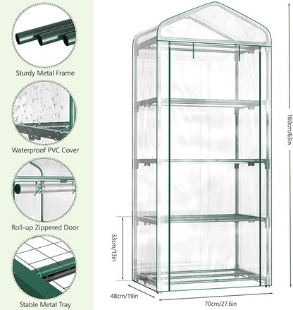 Indoor Greenhouse with Grow Light, 4-Tier 27.6"x19"x63" Mini Greenhouse with Roll-Up Zippered PVC