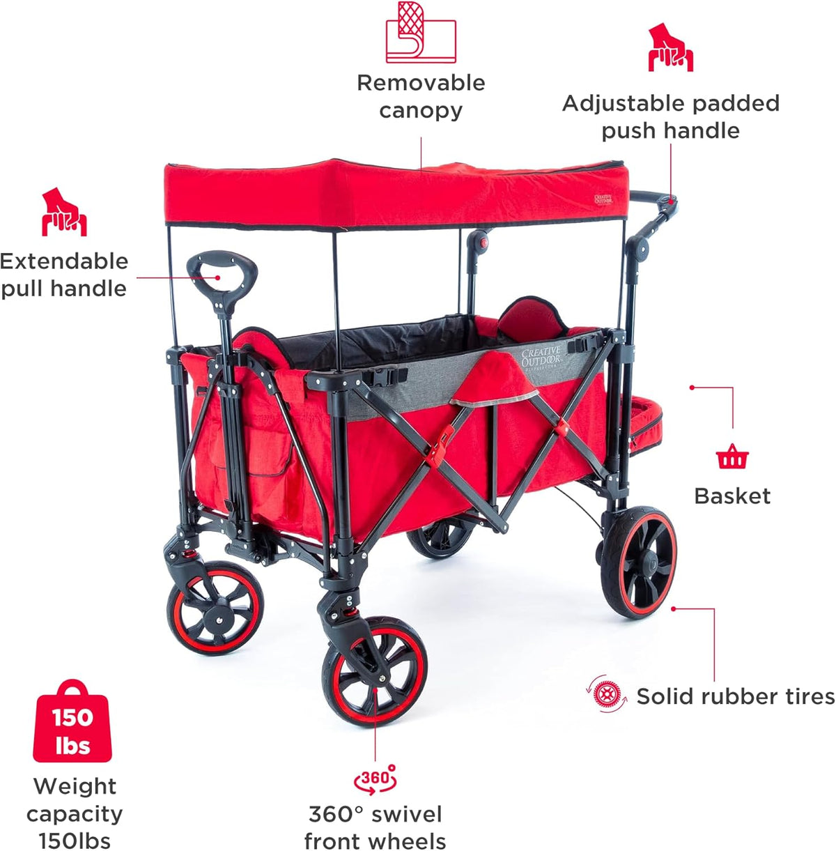 Creative Outdoor Push Pull All-Terrain Collapsible Folding Stroller Wagon for Kids, 150lbs Weight