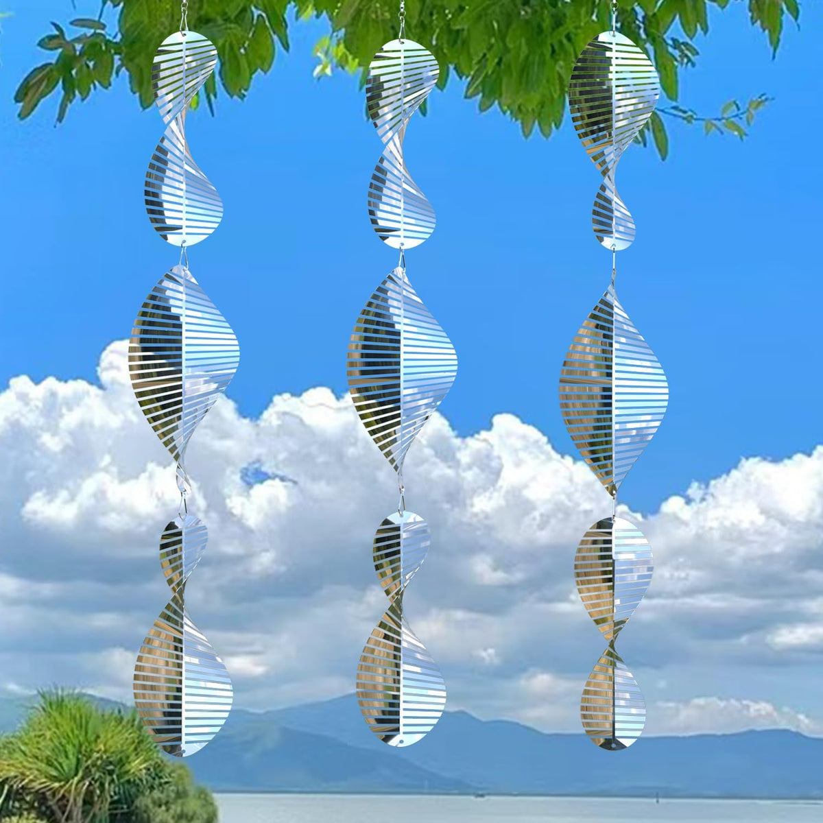 3 * 3 Stainless Steel Bird Scarer Discs Set, 3D Reflective Helix Wind Spinners Bird Reflector &
