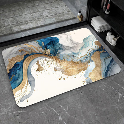 Bath Mat-Bathroom Rug，Natural Blue and Gold Marble-Absorbent Non Slip Quick Dry Stain Resistant