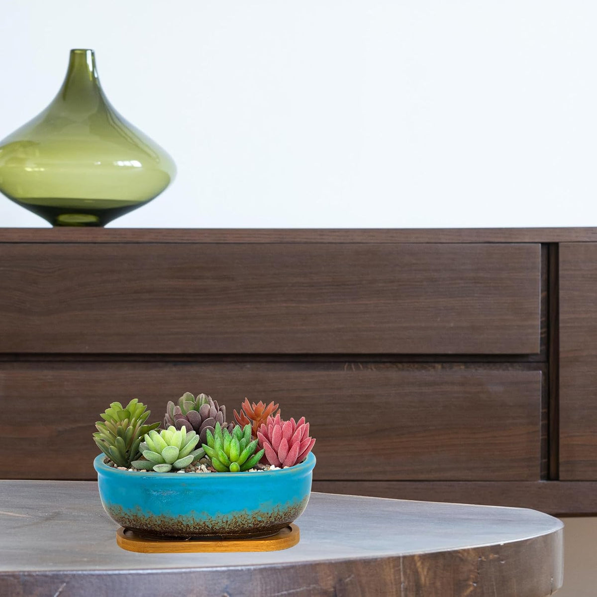 Succulent Pots, 7.9 Inch Long Rectangular Succulent Planters with Drainage Tray, Shallow Planters