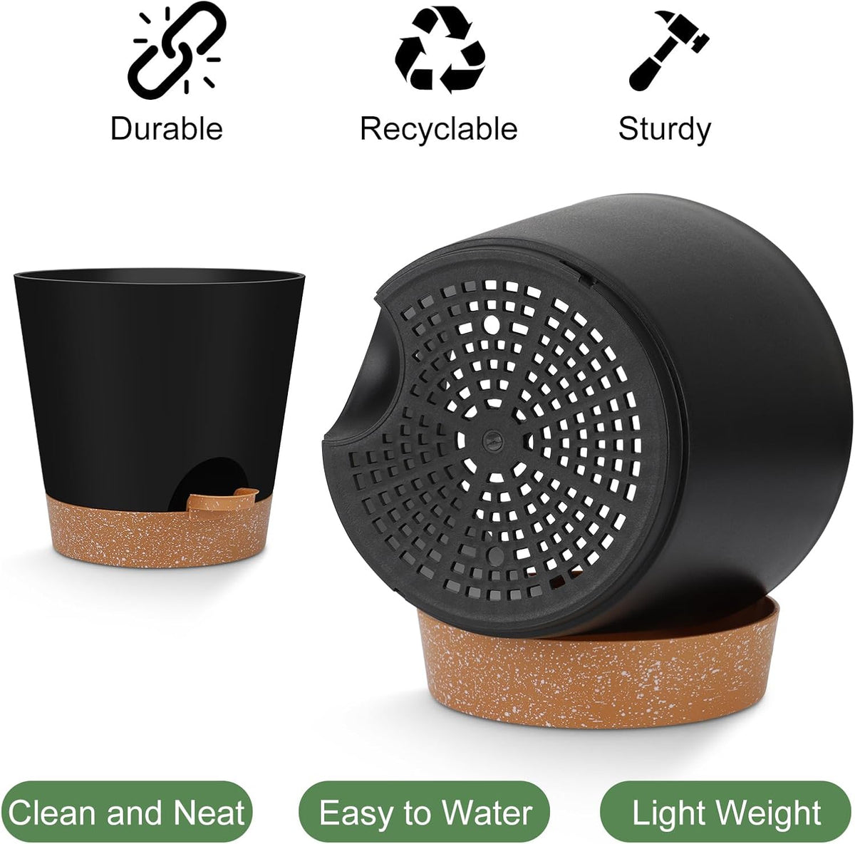 Indoor Self Watering Planters with Drainage Holes and Saucers, 8, 7, 6.5, 6, 5.5, 5 Inches, Black