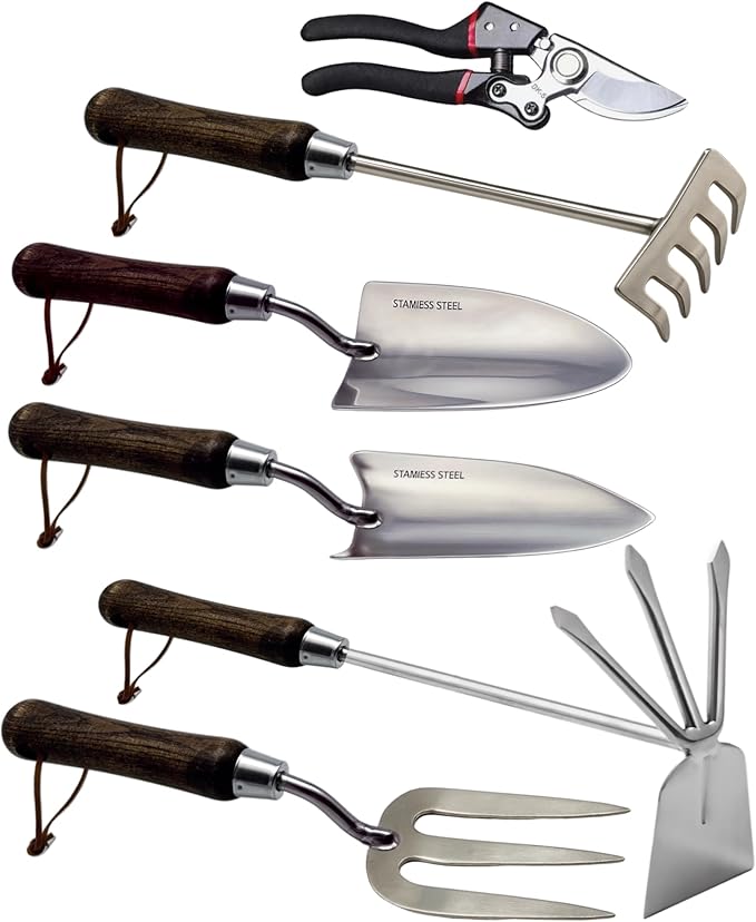 Garden Tool Set, 6PCS Heavy Duty Stainless Steel Gardening Hand Tools with Ropes, Includes Trowel