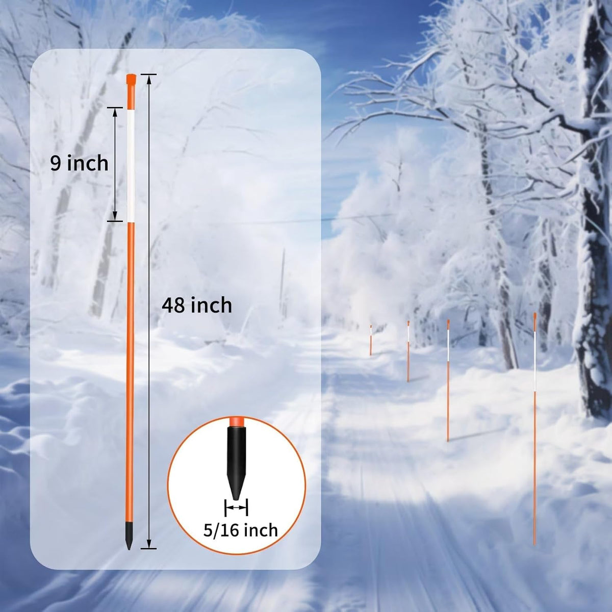 Growsun Driveway Marker 48 inch Orange Fiberglass 5/16 inch Dia Snow Fence Reflective Plow Stakes