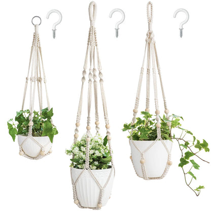 Mkono 3 Pack Macrame Plant Hangers Hanging Planters for Indoor Plants Ivory