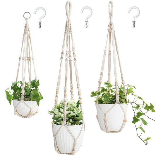 Mkono 3 Pack Macrame Plant Hangers Hanging Planters for Indoor Plants Ivory