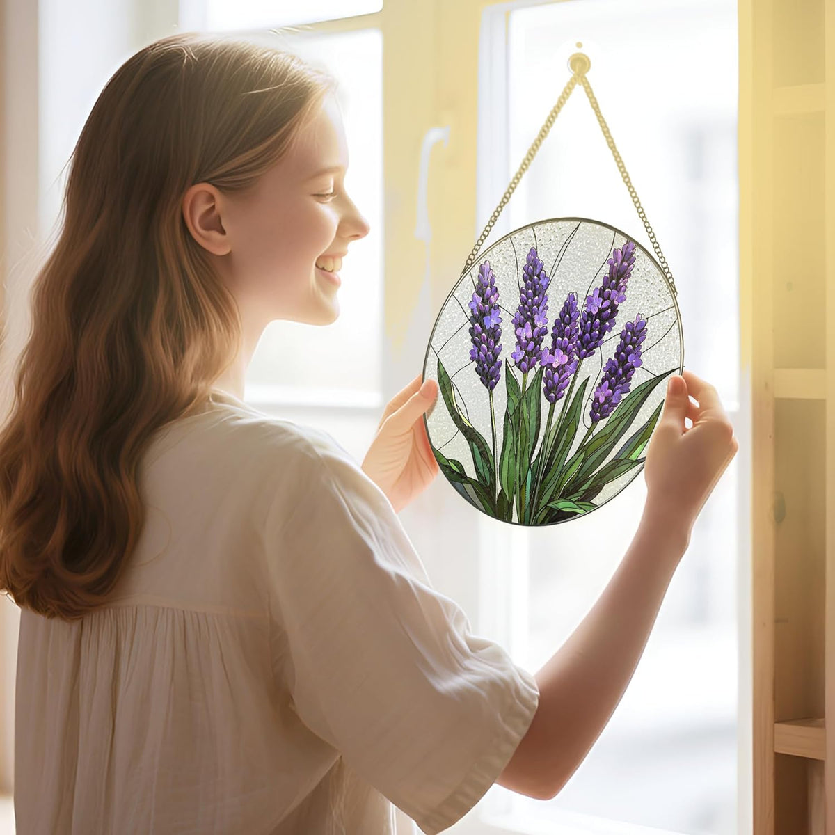 Stained Glass Window Hanging, 8 Inch Lavender Stained Glass Suncatcher, Flower Sun Catcher, Window