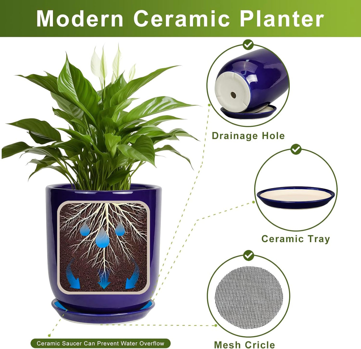 Ceramic Planter - 12 Inch Pots for Plants Ceramic Plant Pot Indoor with Drainage Hole and Saucer