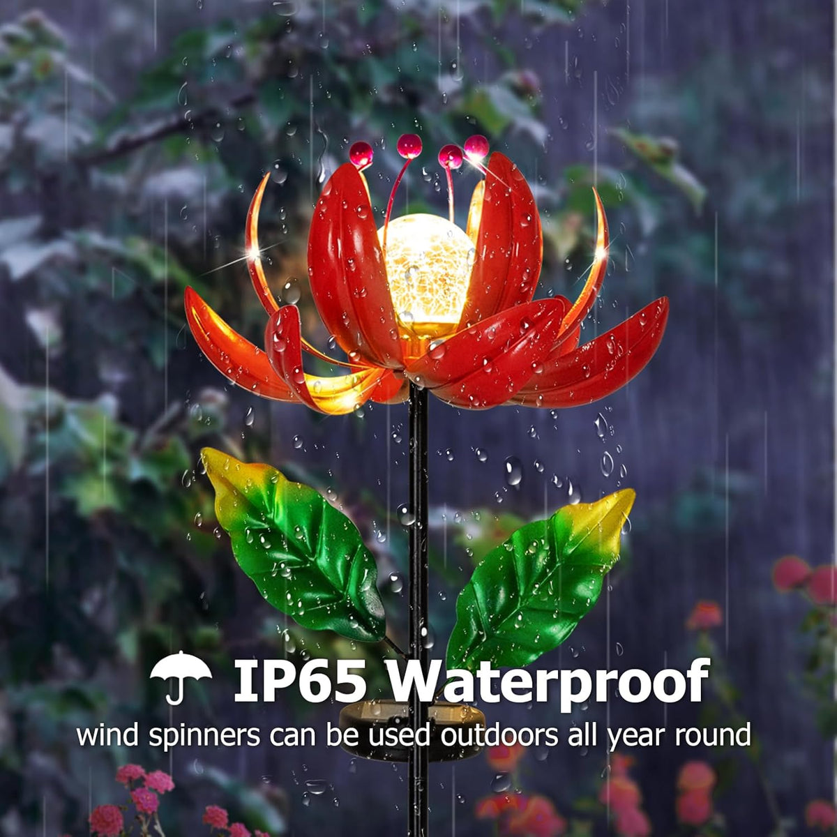 Solar Lights Outdoor Wind Spinners, Metal Lotus Flower Garden Decor with Waterproof LED Crackle