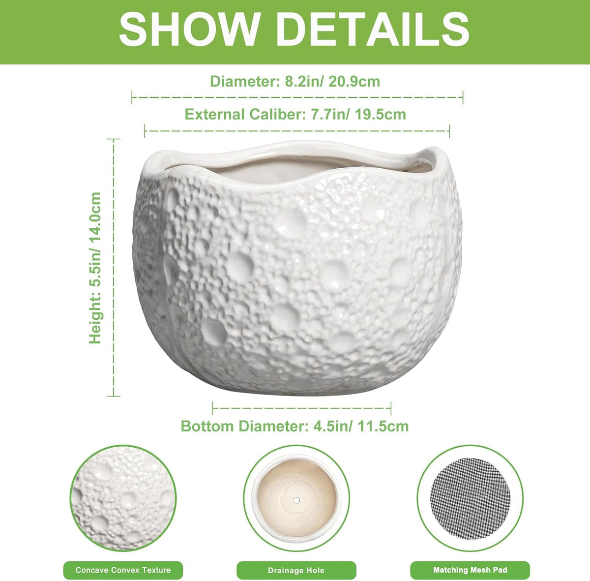 Ceramic Plant Pot - 8 Inch Round Planter with Drainage Hole, Decorative Plant Pots for Indoor