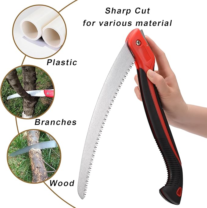 12 Inch Heavy Duty Pruning Saw, Folding Hand Saw with SK5 Curved Blade, Triple-cut Razor Teeth Used