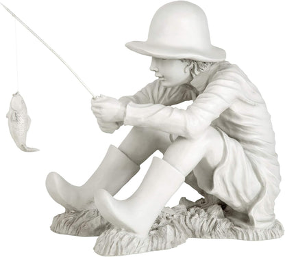 Design Toscano Gone Fishing Fisherman Boy Garden Statue, 17 Inch Tall, Cast Stone Resin, Two Tone