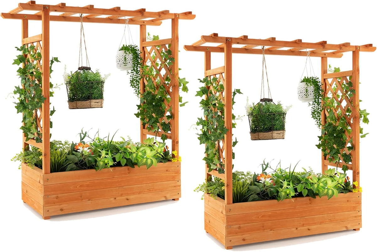 S AFSTAR Raised Garden Bed with Arch Trellis, Wood Planter Box with Hanging Roof, Side Trellis, 4