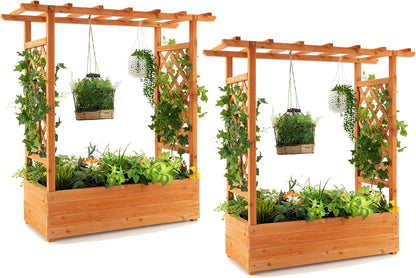 S AFSTAR Raised Garden Bed with Arch Trellis, Wood Planter Box with Hanging Roof, Side Trellis, 4