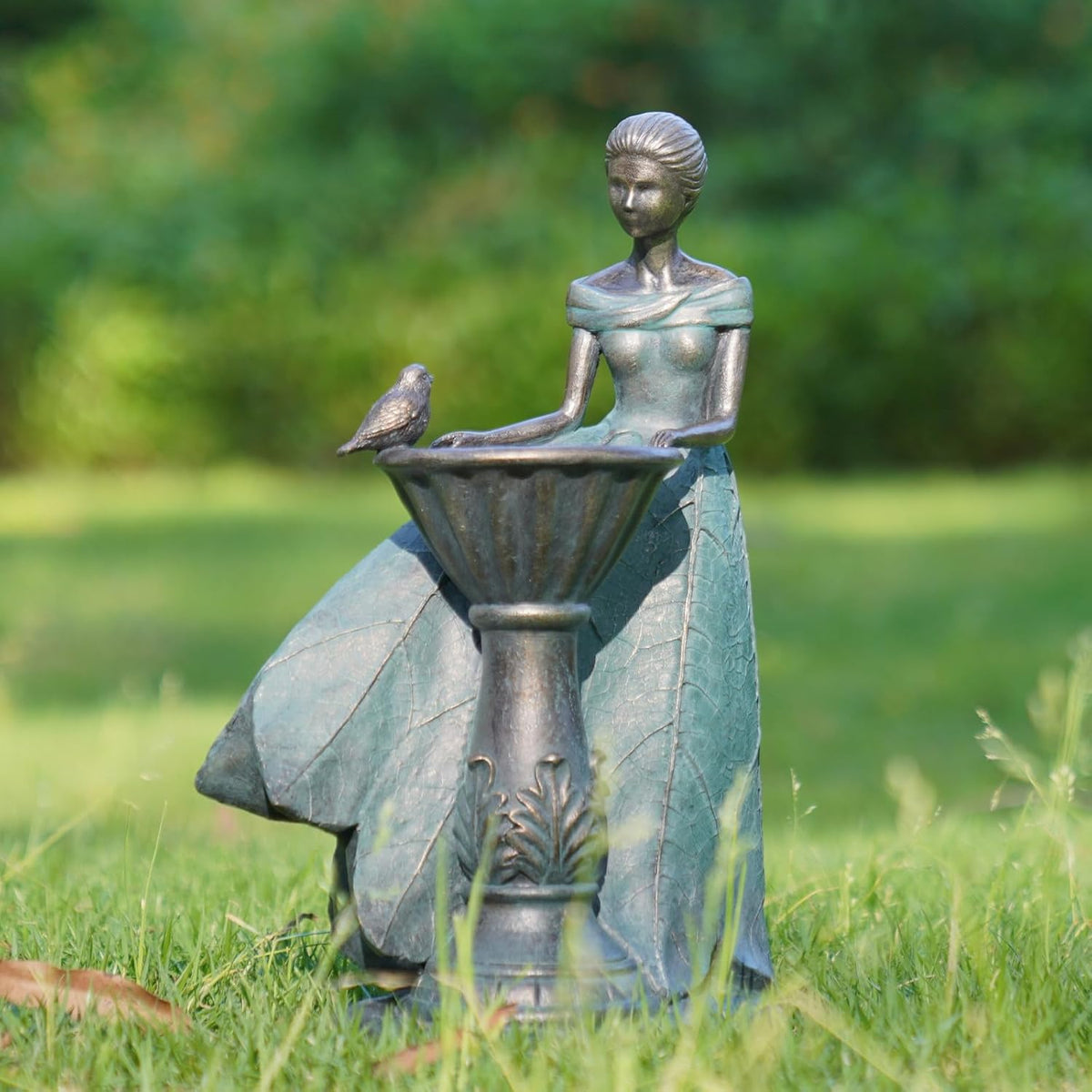 DiliComing Fairy Outdoor-Statues Garden-Decor with Solar - 12 Inch Resin Leaf Girls Birdbath