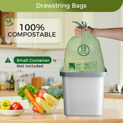 13 Gallon Compostable Trash Bags with Drawstring, Heavy Duty Extra Thick 1 Mil, 49.21 Liter, 30