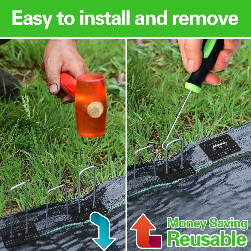 Bakulyor 50 Pcs Landscape Staples + 50 Pcs Gasket, 6 Inch Garden Stakes Staples 11 Gauge U Shaped