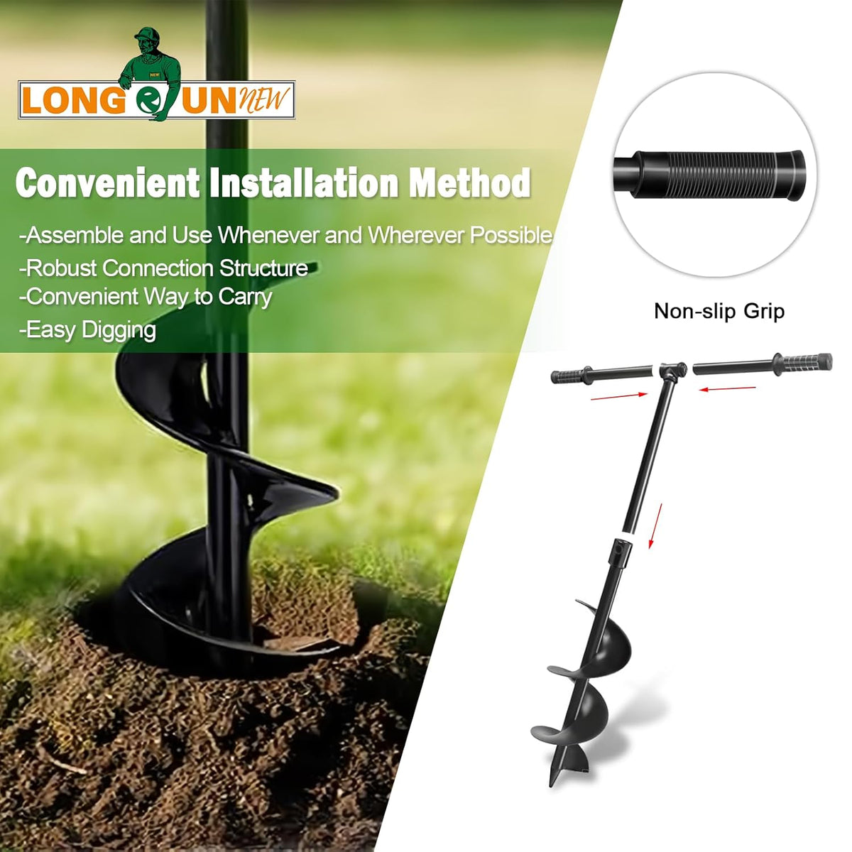 Heavy-Duty Manual Garden Auger Drill Bit - 6" x 38" Plant/Fence Hole Digger for Bulbs, Trees