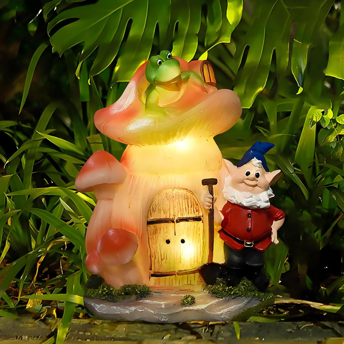 VINIUSIKI Garden Statues Mushroom House Gnome with Solar Light, LED Outdoor Fairy House Statue for