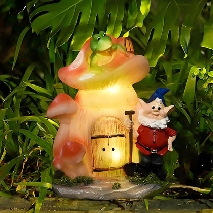 VINIUSIKI Garden Statues Mushroom House Gnome with Solar Light, LED Outdoor Fairy House Statue for