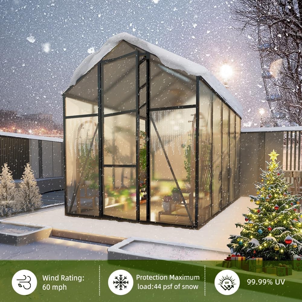 7.2FT High 6*8.2FT Greenhouse for Outdoors,Polycarbonate Greenhouse with Stronger Wind Protection