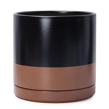 D'vine Dev 12 Inch Ceramic Planter Pot with Drainage Hole and Saucer, Indoor Cylinder Round Planter