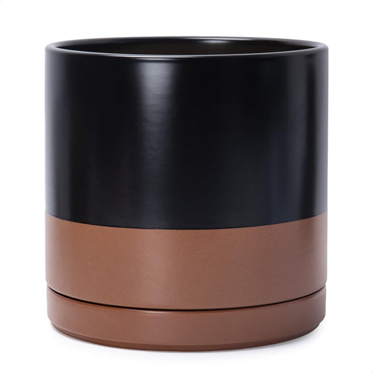 D'vine Dev 12 Inch Ceramic Planter Pot with Drainage Hole and Saucer, Indoor Cylinder Round Planter